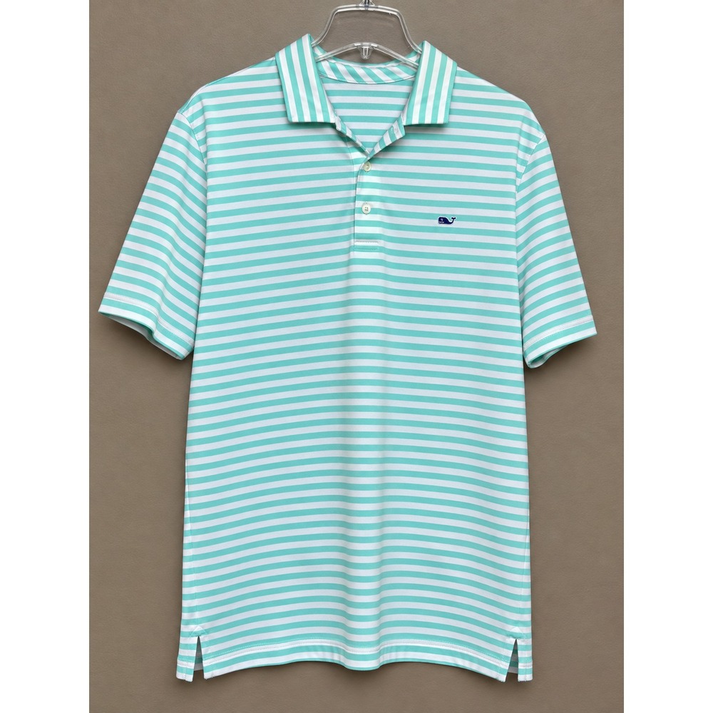 Men's Vineyard Vines Green and White Striped Performance Polo Size L